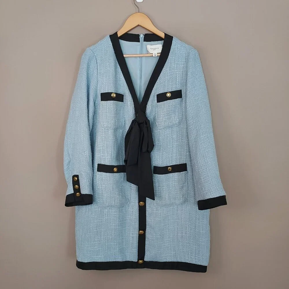 Pomander Place Light Blue Coco Tweed Bow Dress Size XL NWOT